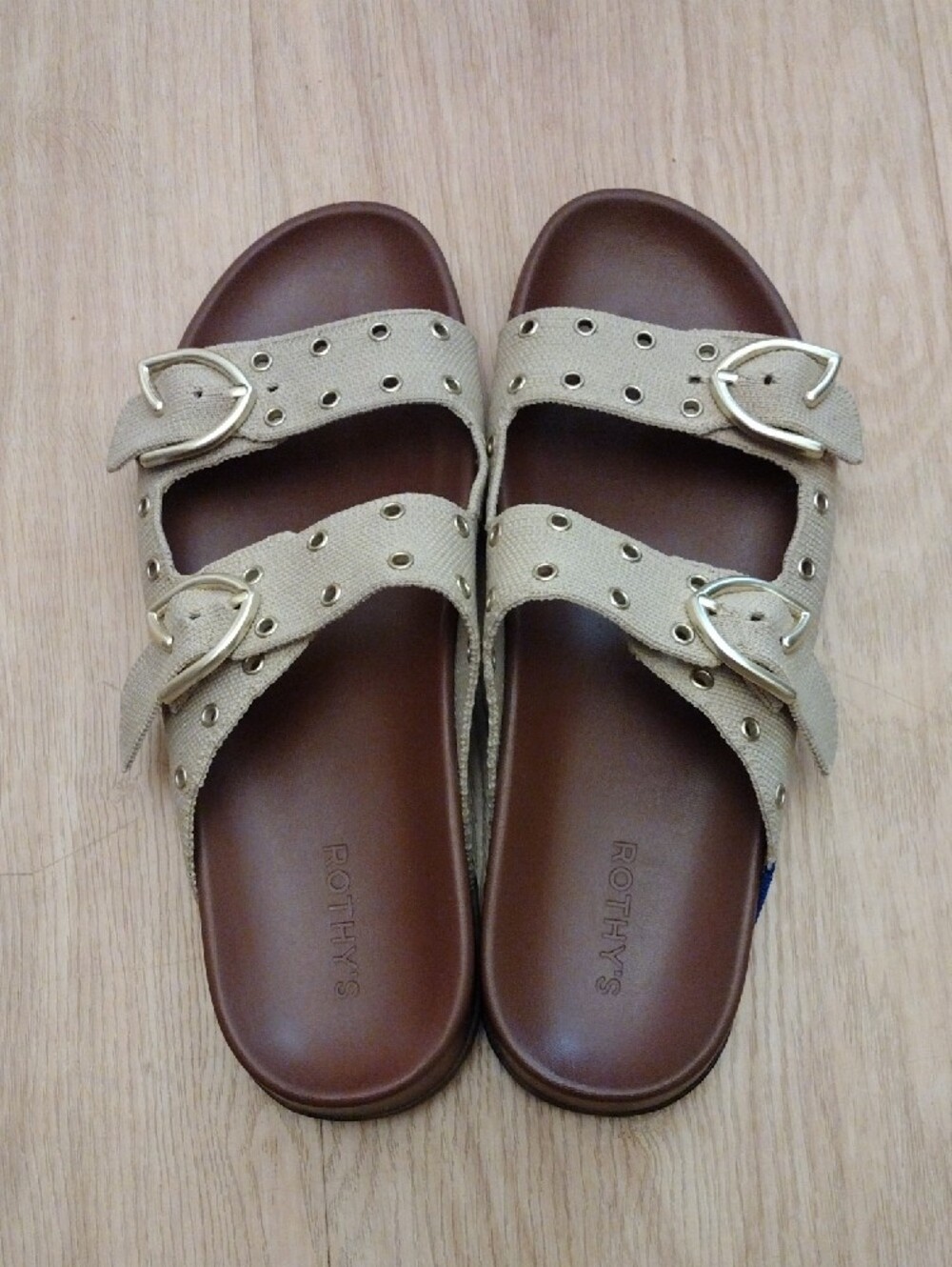 Rothy's Beige Double-Strap Slide Sandals Gold Buckles Size 10